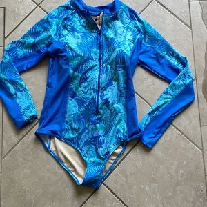 Cabana Life Large Aqua Tropical Unisuit flowers blue swimsuit rashguard